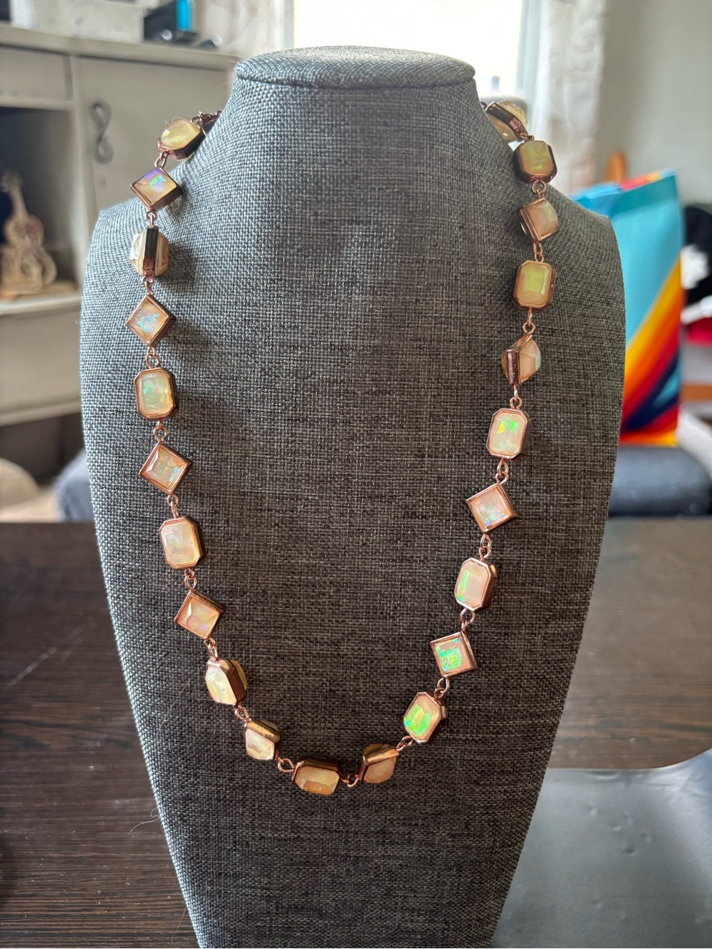 Iridescent Opal Look Rose Gold Tone Statement Necklace